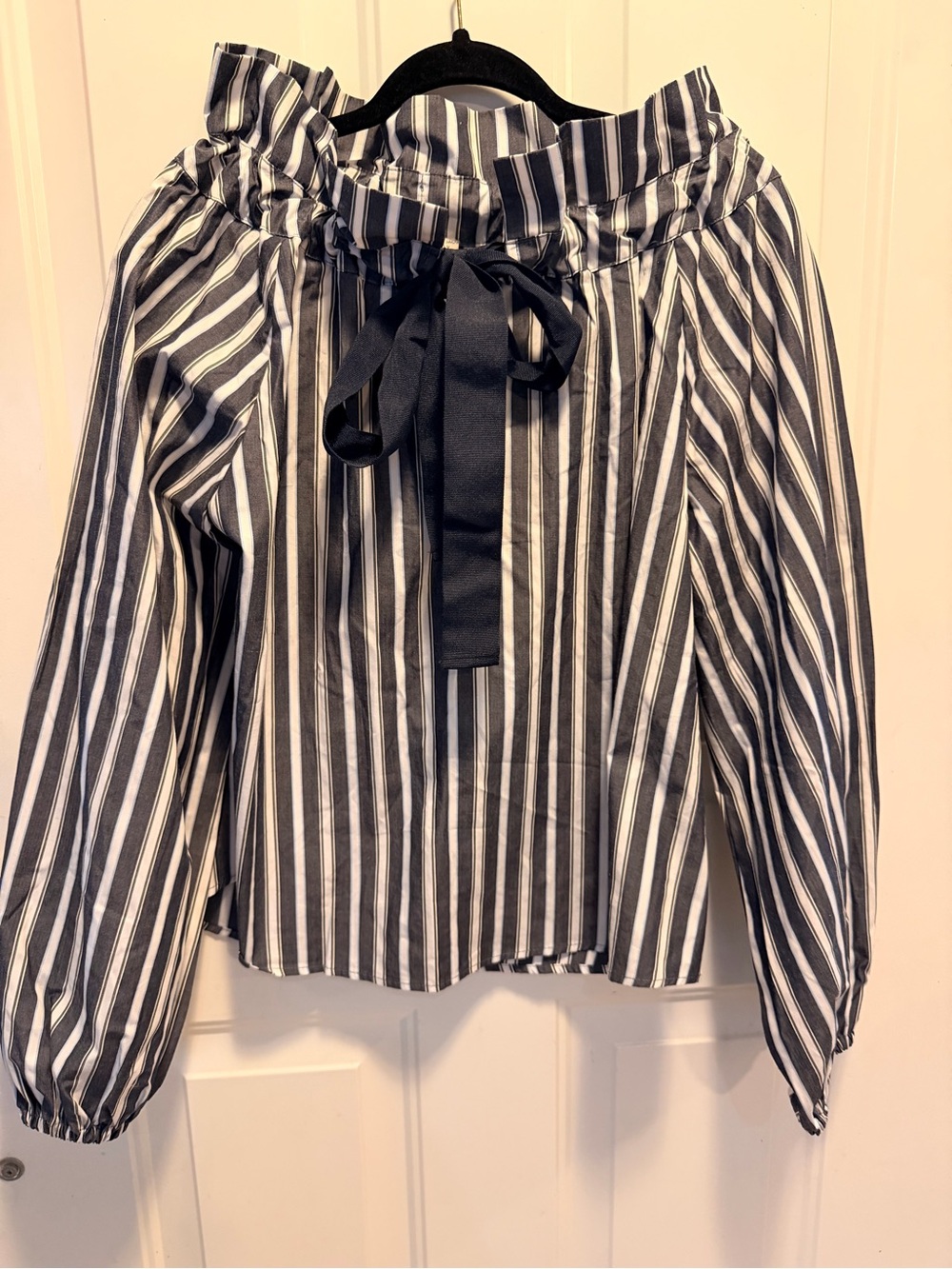 Striped Off-Shoulder Tie-Neck Blouse in Black & White